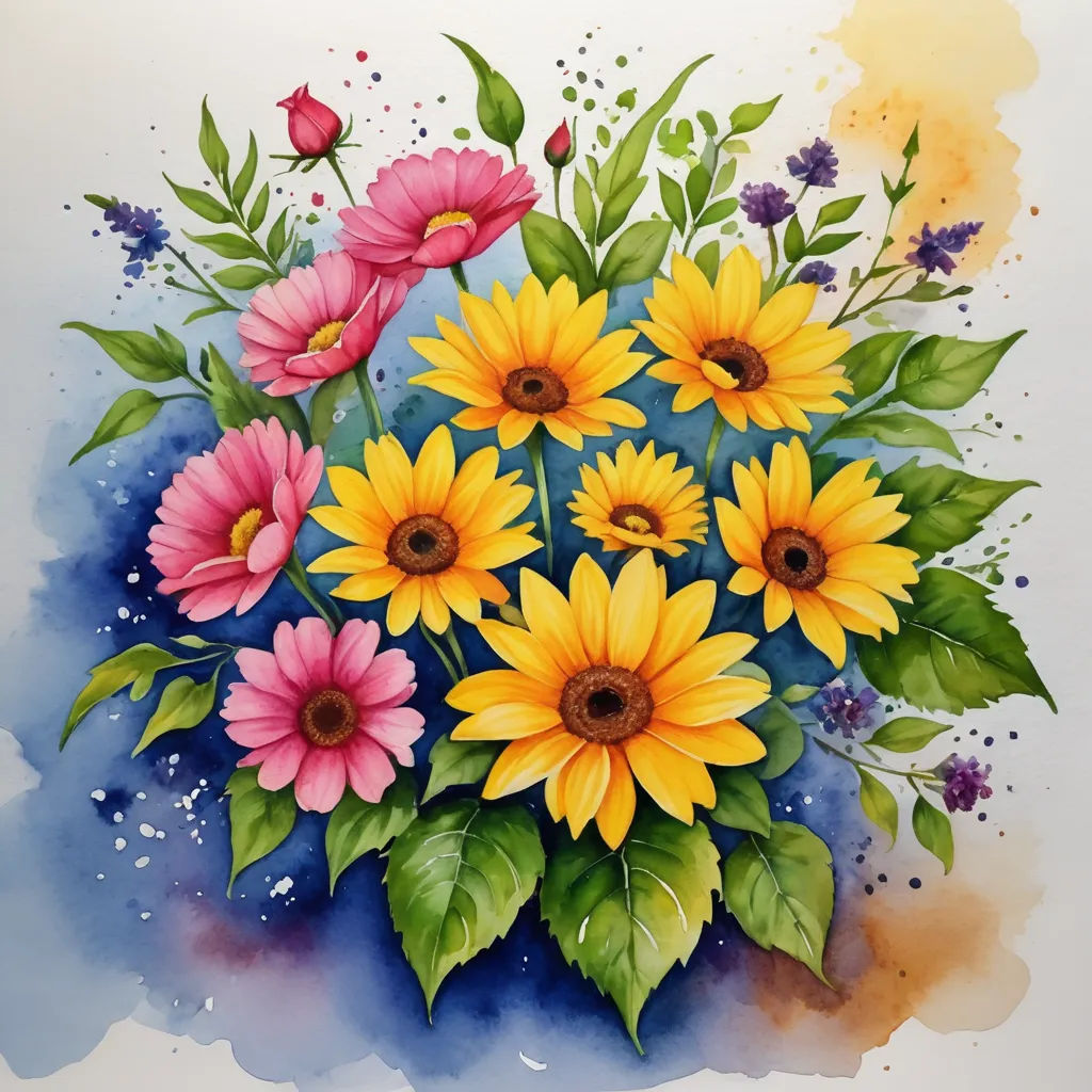 a painting of a bouquet of flowers with watercolors on paper with a blue background and a splash of paint, modern european ink painting, an airbrush painting, Cindy Wright, highly detailed digital painting