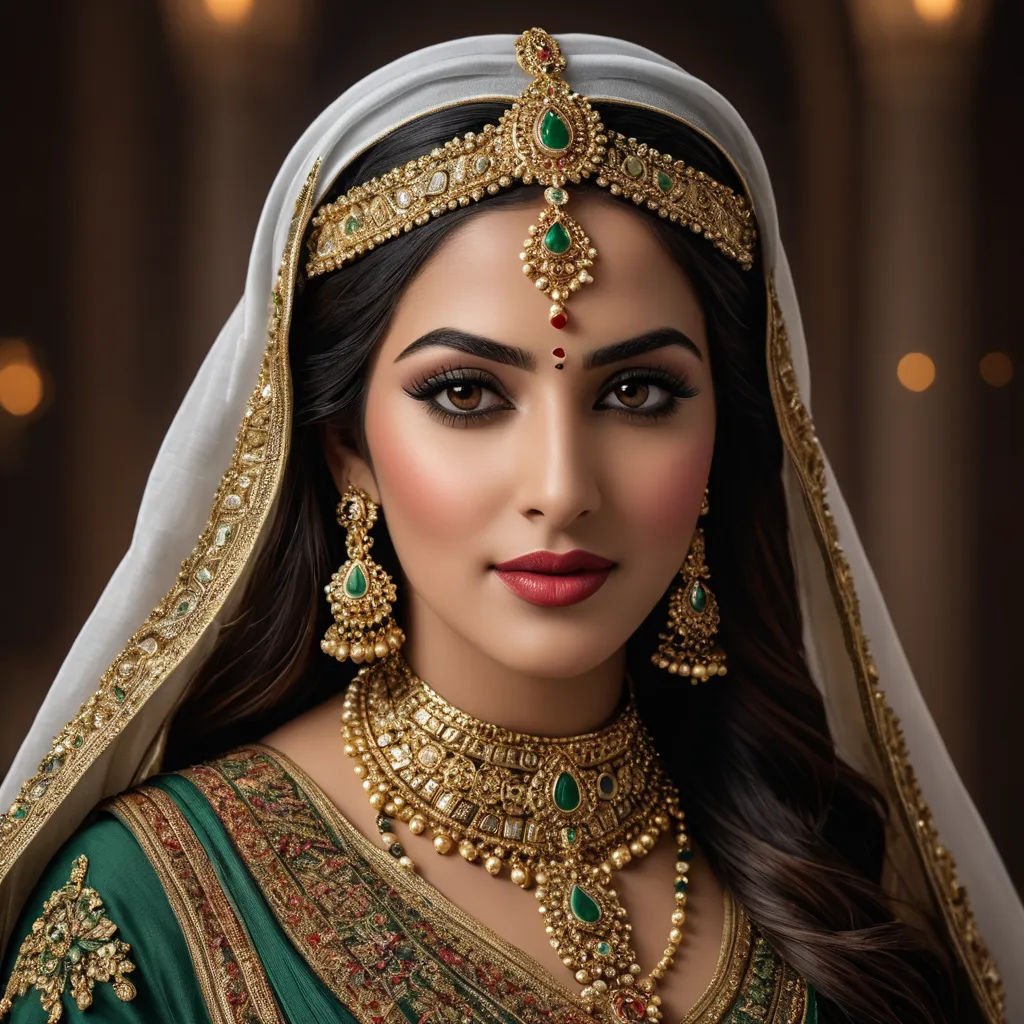 a woman wearing a green and gold bridal outfit with a veil and jewelry on her head and a veil on her head, samikshavad, a photorealistic painting, Ella Guru, jewelry