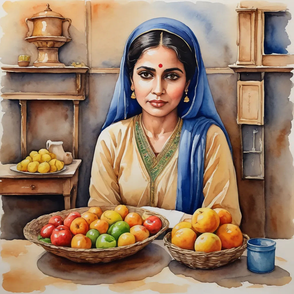 a painting of a woman sitting at a table with a bowl of fruit in front of her and a bowl of fruit in front of her, figurative art, a detailed painting, Anthony Devas, detailed painting