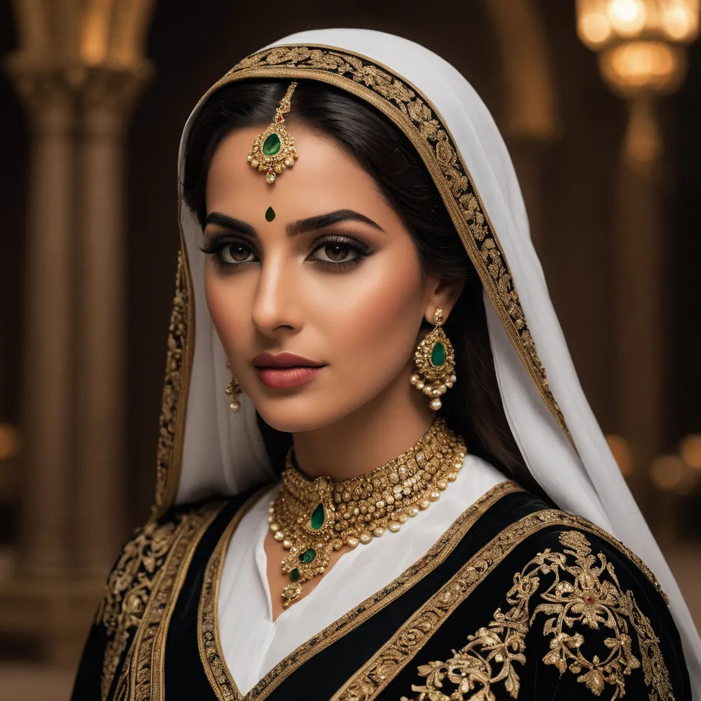 a woman wearing a black and white outfit with a gold necklace and earrings and a white veil with a green and gold design, qajar art, a photorealistic painting, Altoon Sultan, jewelry