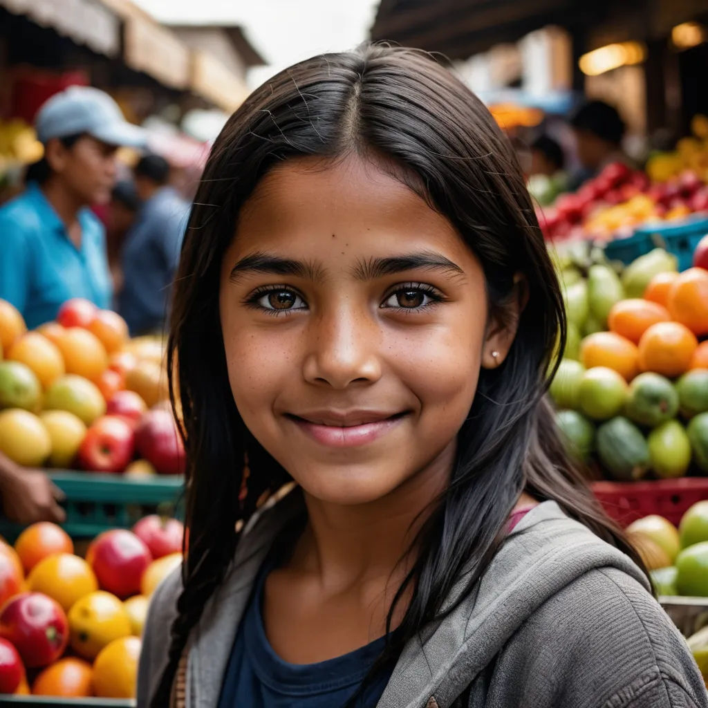 a young girl standing in front of a fruit stand smiling at the camera with a lot of fruit in the background, quito school, a stock photo, Ella Guru, portrait photography