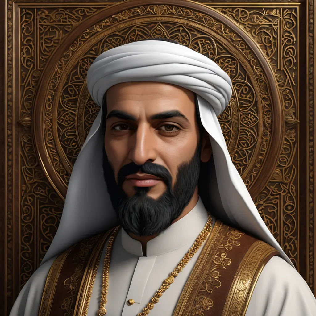 a man with a beard and a white turban is shown in a digital painting style, with a golden frame, hurufiyya, a character portrait, Ahmed Karahisari, character portrait