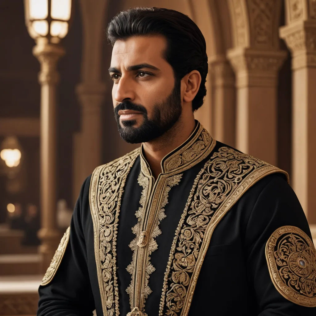 a man in a black and gold outfit standing in a building with a light in the background and a lamp in the corner, qajar art, a character portrait, Altoon Sultan, regal