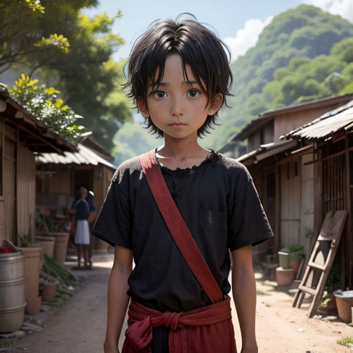 a young boy standing in a village with a red belt around his waist and a black shirt on his shirt
