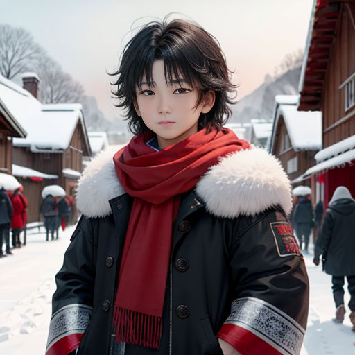 a young man wearing a red scarf and a black jacket standing in the snow in front of a row of houses