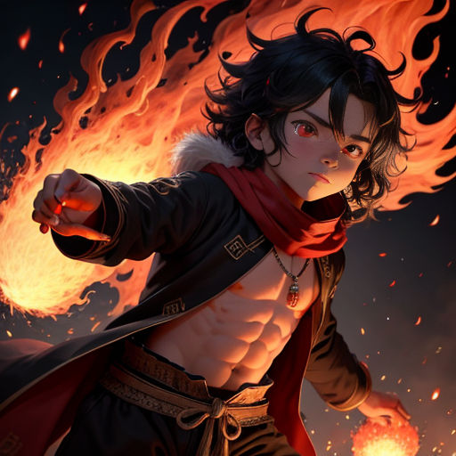 a man with a sword and a fire behind him, in a painting style, with flames in the background