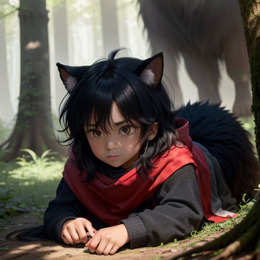 a young girl laying on the ground next to a tree in a forest with a wolf costume on her head