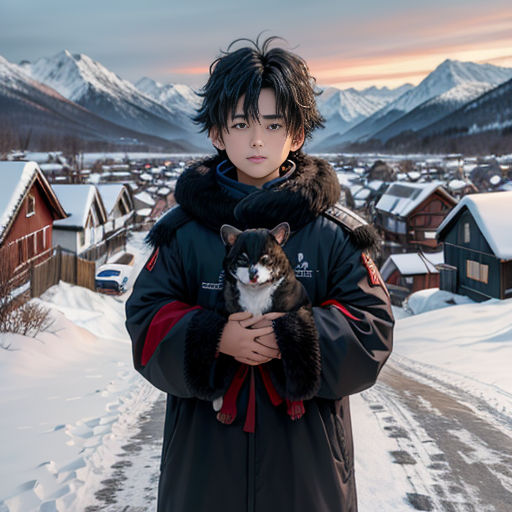 a man holding a cat in his arms in the snow with mountains in the background in the background, a person is standing in the snow