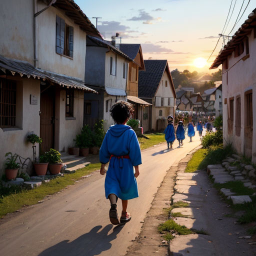 a group of people walking down a street next to houses at sunset or dawn with a person in a robe