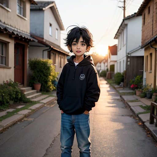 a young boy standing on a skateboard on a street in a neighborhood at sunset or dawn with the sun shining on the houses