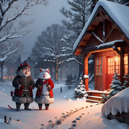 two santas are walking in the snow towards a cabin in the woods with a christmas tree and a snowman