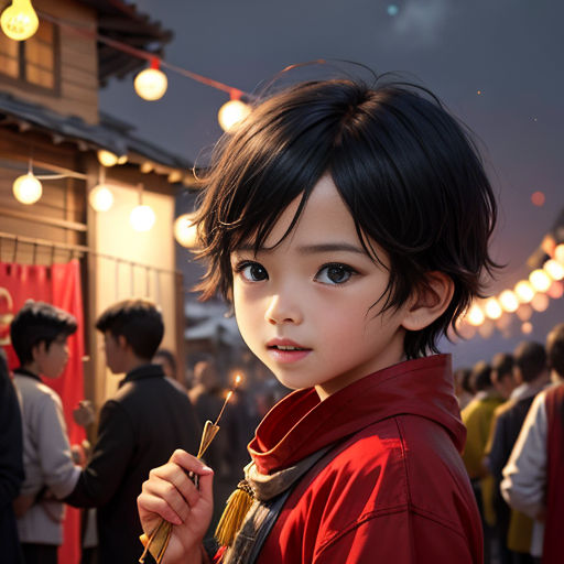 a young child holding a stick in his hand and looking at the camera with a crowd of people in the background