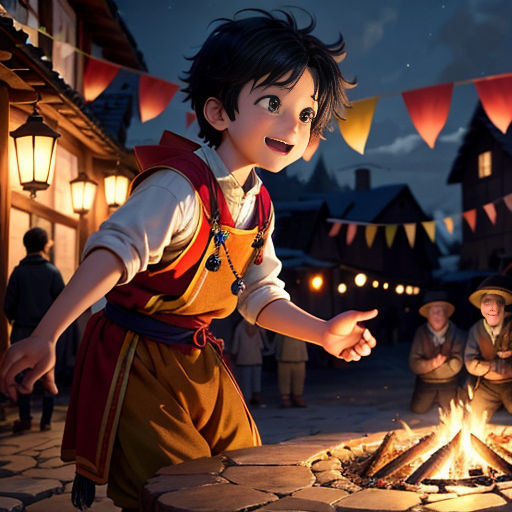 a boy in a costume standing next to a fire pit with a bunch of people around him and a fire