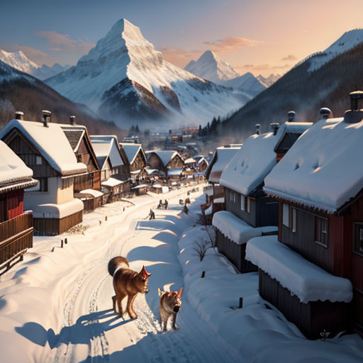 a painting of a dog and a cat in a snowy village with mountains in the background and snow covered roofs