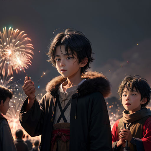 a boy and girl standing in front of fireworks with a sky background and a sky filled with fireworks behind them