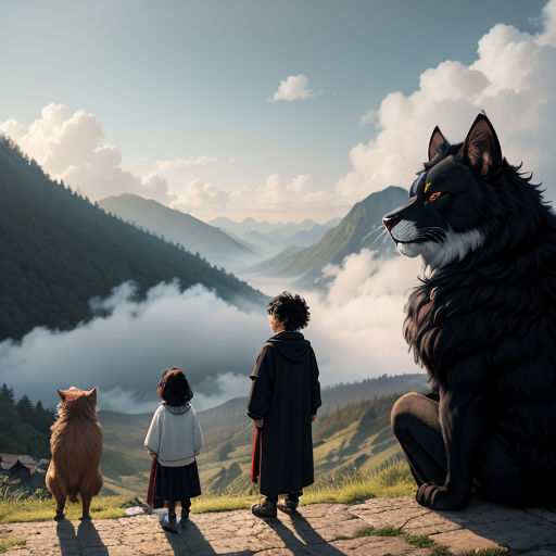 a group of people standing next to a giant wolf on a hillside with a dog on the ground and a person standing next to a dog