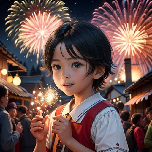 a young girl holding a sparkler in front of a crowd of people at a fireworks display at night