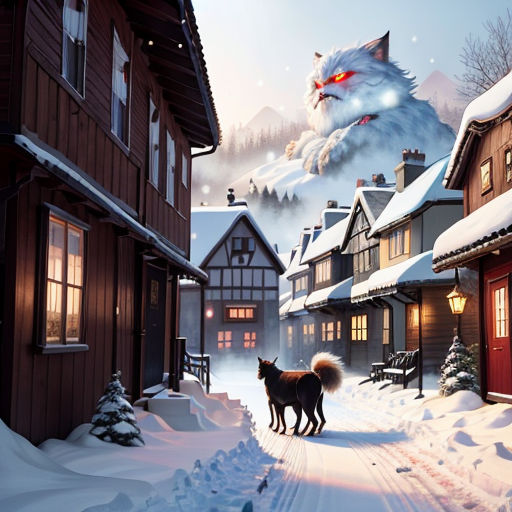 a painting of a cat and dog in a snowy village with a wolf in the background and a snowman in the foreground