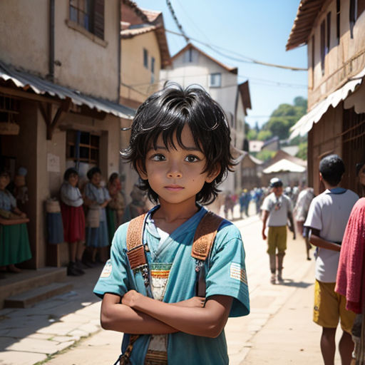 a young boy standing in the middle of a street with his arms crossed and people walking around him on either side of the street