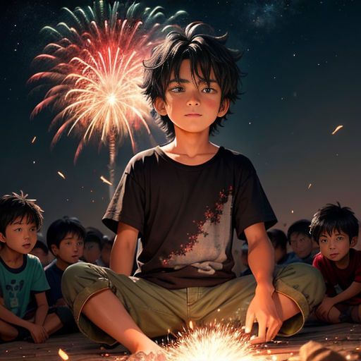 a boy sitting on the ground with fireworks in the background and a group of children sitting on the ground