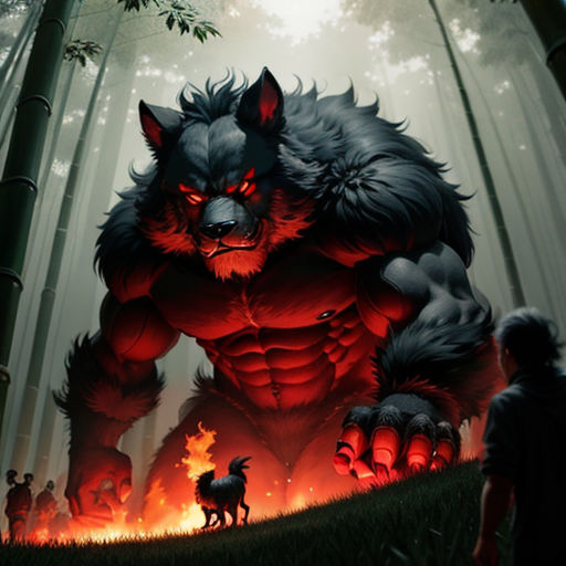 a painting of a demon with red eyes and claws on it's face, standing in a forest