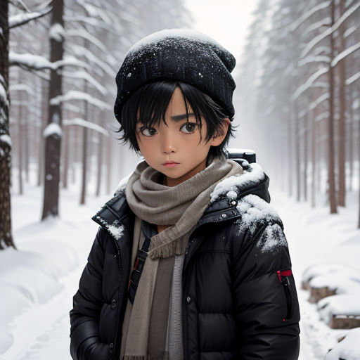 a young boy wearing a black jacket and a scarf in the snow in a forest with trees and snow