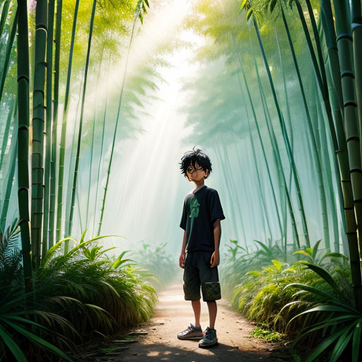 a boy standing in a tunnel of bamboo trees with sunlight streaming through the leaves on the trees and the ground