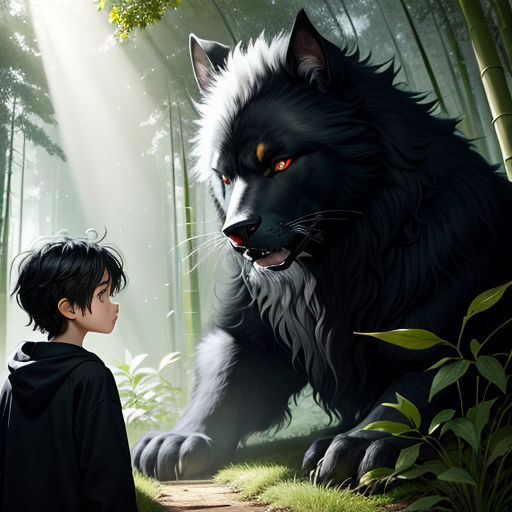 a boy and a wolf in a forest with sunlight streaming through the trees and grass, with a path leading to the wolf