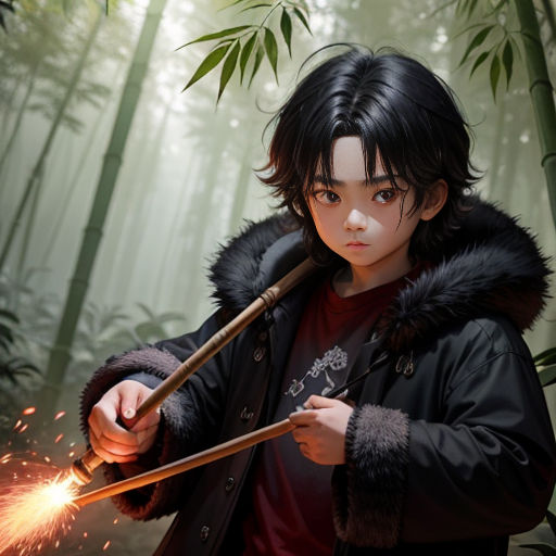 a young boy holding a stick in a forest with a firework stick in his hand and a sparkler in his hand