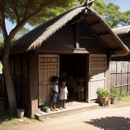 two children standing in a small hut with a thatched roof and a door open to a kitchen area