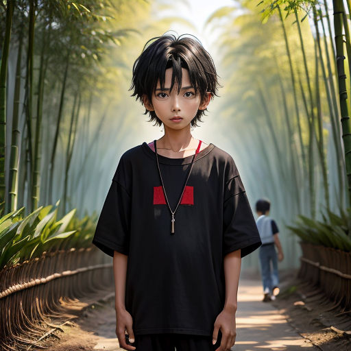 a boy standing in front of a bamboo tree forest with a red cross on his chest and a black shirt on
