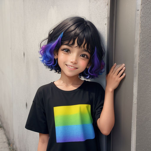 a young girl with black hair and a rainbow shirt leaning against a wall with her hand on the wall