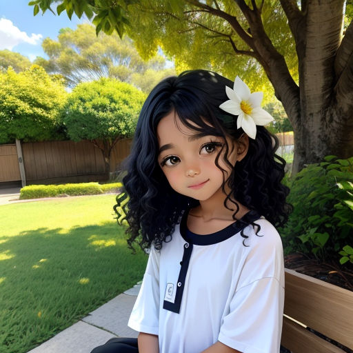 a little girl sitting on a bench with a flower in her hair and a white shirt on her head