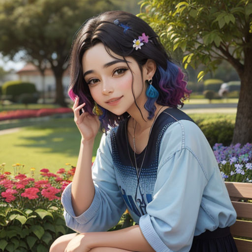 a woman sitting on a bench in a park with flowers in the background and a tree in the foreground
