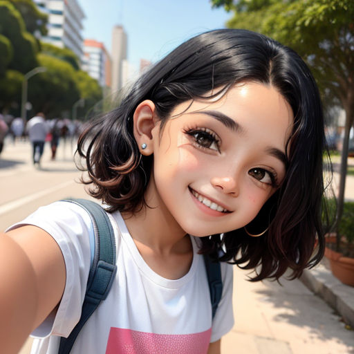 a young girl is taking a selfie on a street corner with a backpack on her shoulder and a smile on her face