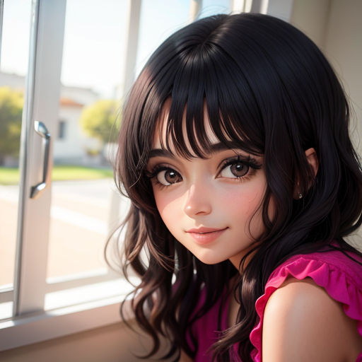 a girl with long hair and bangs looking out a window at the street outside of a building with a pink shirt