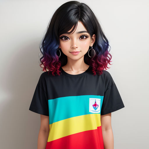 a woman with a colorful shirt and earrings on her head and a white wall behind her is wearing a black t - shirt with a rainbow - shirt with a flag