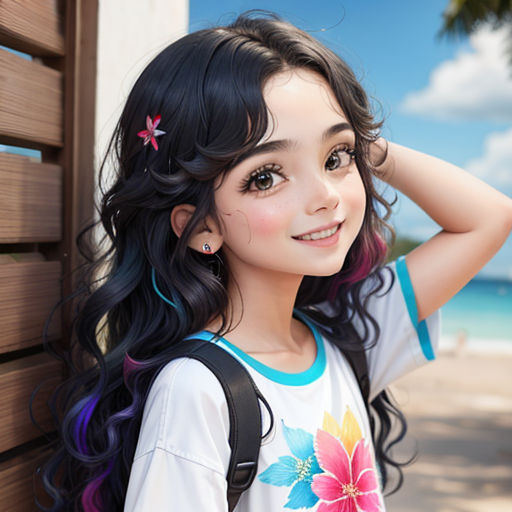 a young girl with long black hair and a flower on her shirt is standing by a wooden wall and smiling