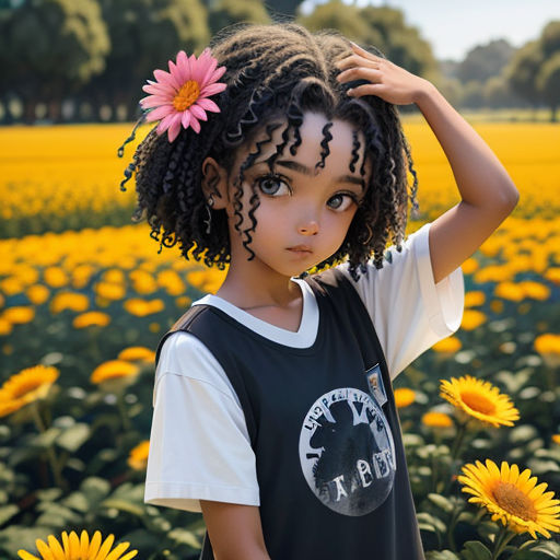 a young girl standing in a field of sunflowers with a pink flower in her hair and a black shirt