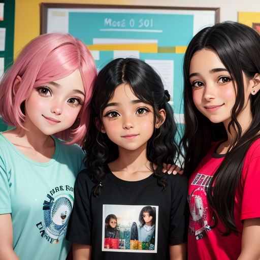 three girls are posing for a picture together in front of a poster of a girl with pink hair and a girl with black hair