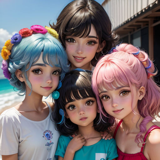 a group of young girls standing next to each other on a beach near the ocean with a building in the background