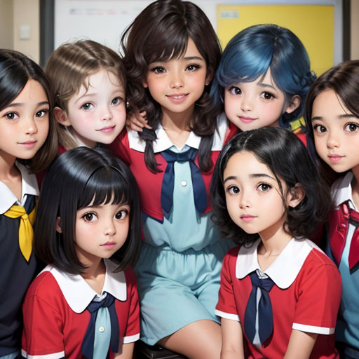 a group of young girls sitting next to each other in front of a wall with a clock on it