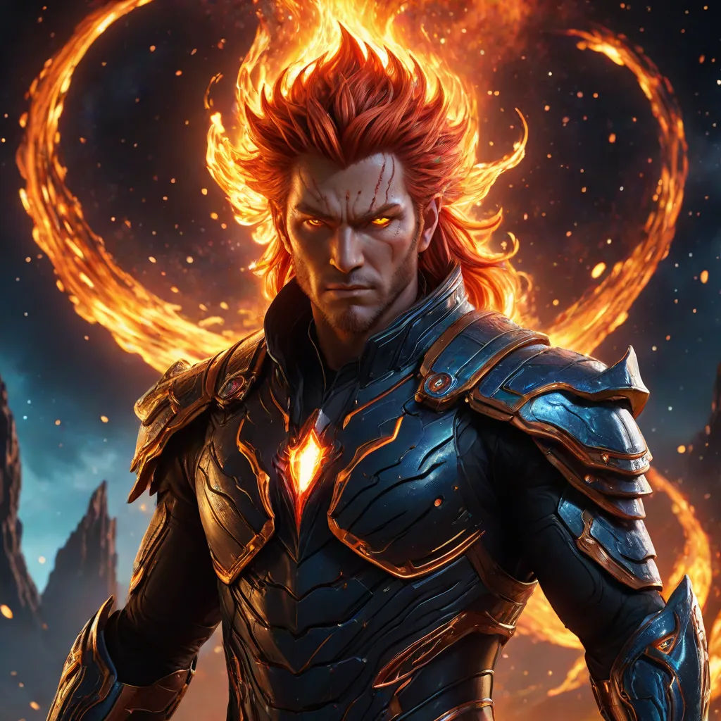 a man with red hair and a demon like outfit in front of a fire ring and a sky background, Cedric Seaut (Keos Masons), fantasy art, a character portrait, elden ring