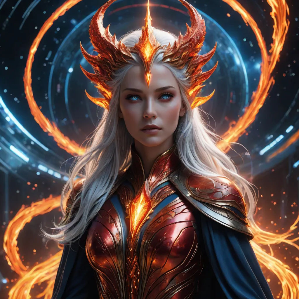 a woman with horns and a fire crown on her head, standing in front of a circle of fire, Clint Cearley, fantasy art, a detailed painting, magic the gathering artwork