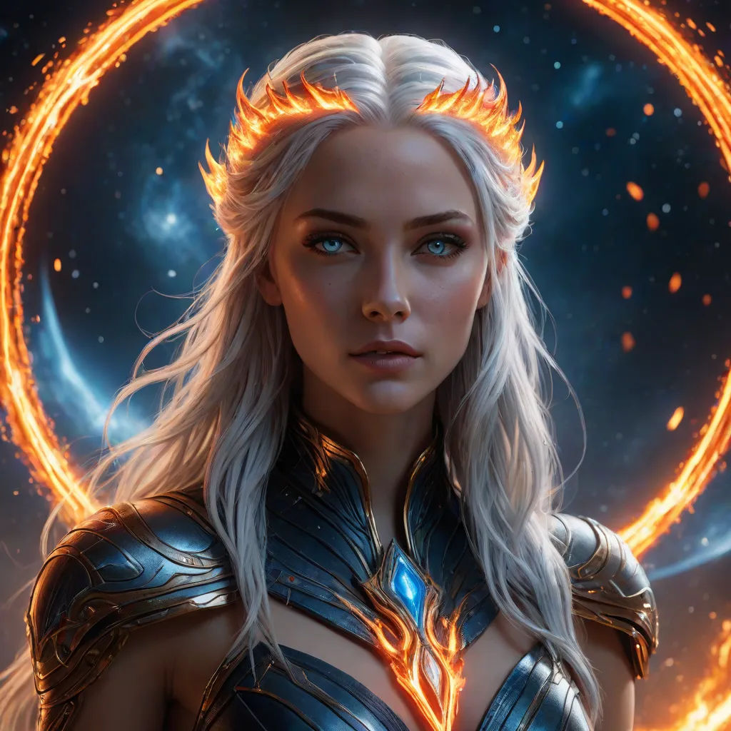 a woman with blonde hair and blue eyes in front of a ring of fire and stars, with a ring of fire around her, Clint Cearley, fantasy art, a character portrait, epic fantasy character art