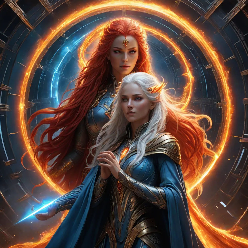 a woman in a blue dress standing next to a woman in a blue dress with red hair and a ring around her, Clint Cearley, fantasy art, computer graphics, elden ring