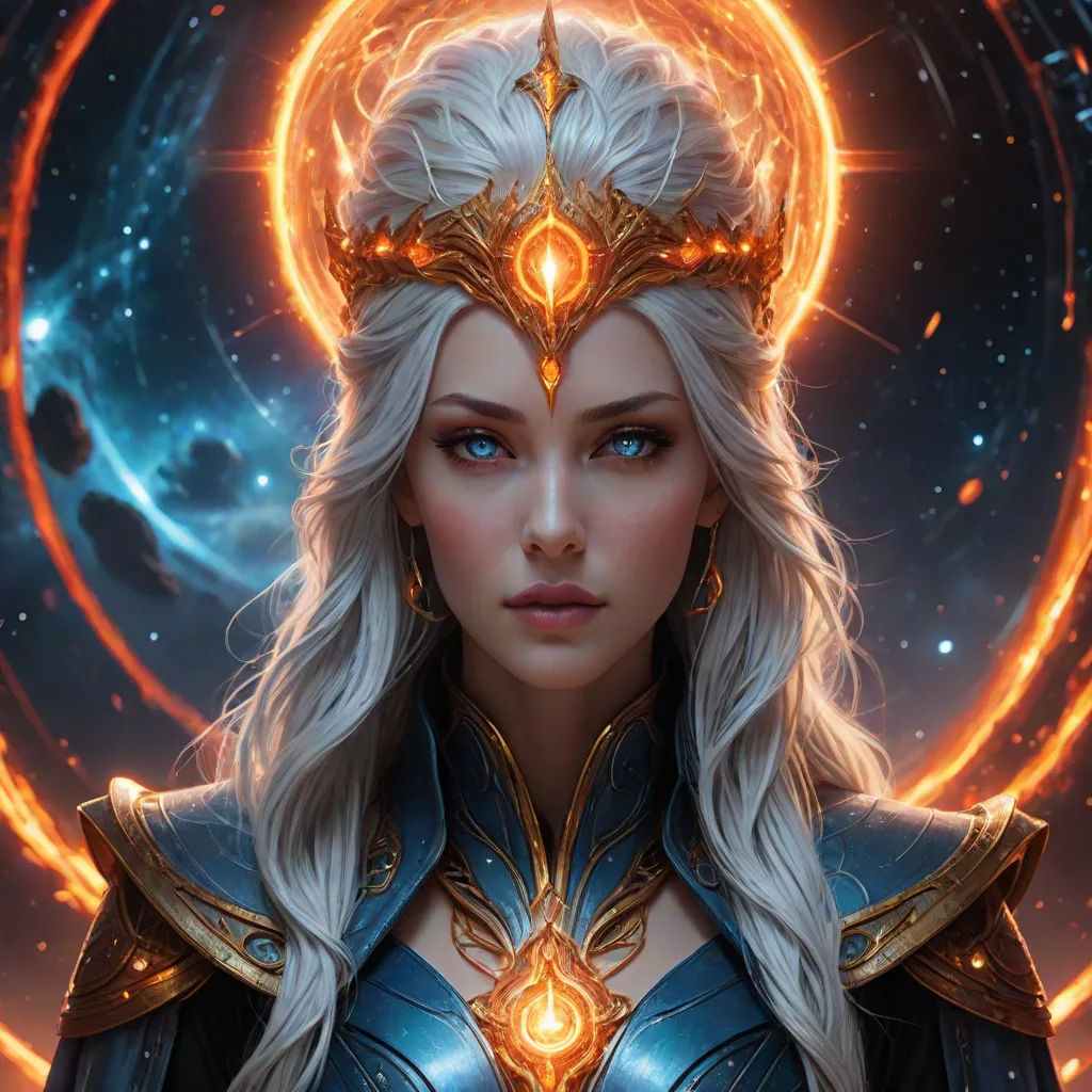 a woman with a helmet and a glowing halo around her head, in front of a background of stars, Aleksi Briclot, fantasy art, a detailed painting, trending on artstation hq
