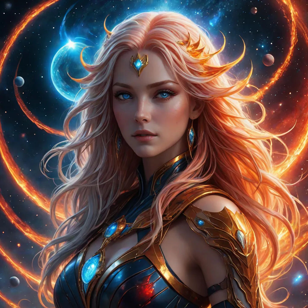 a woman with blonde hair and a blue dress with gold accents and a ring around her neck and shoulders, Charlie Bowater, fantasy art, a detailed painting, epic fantasy character art