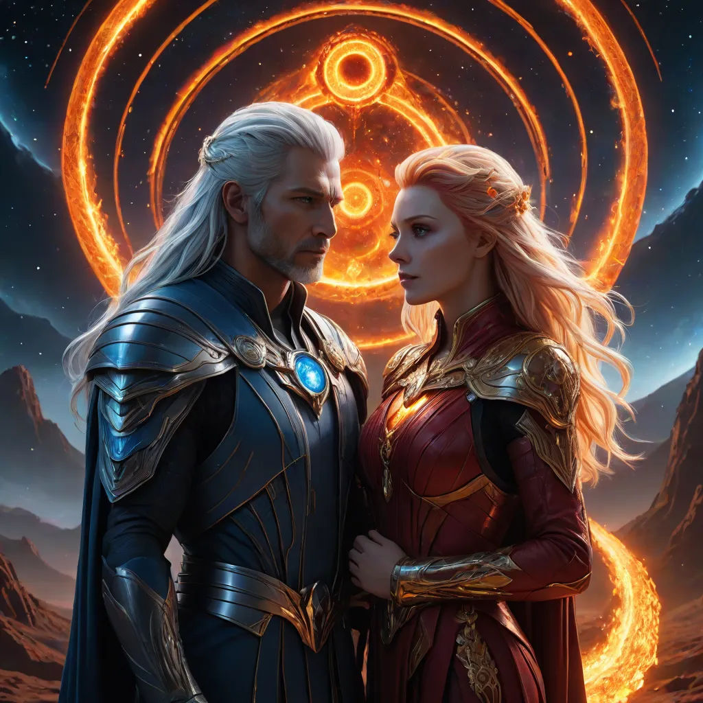a couple of people standing next to each other in front of a ring of fire and stars in the sky, Donato Giancola, fantasy art, a painting, official art