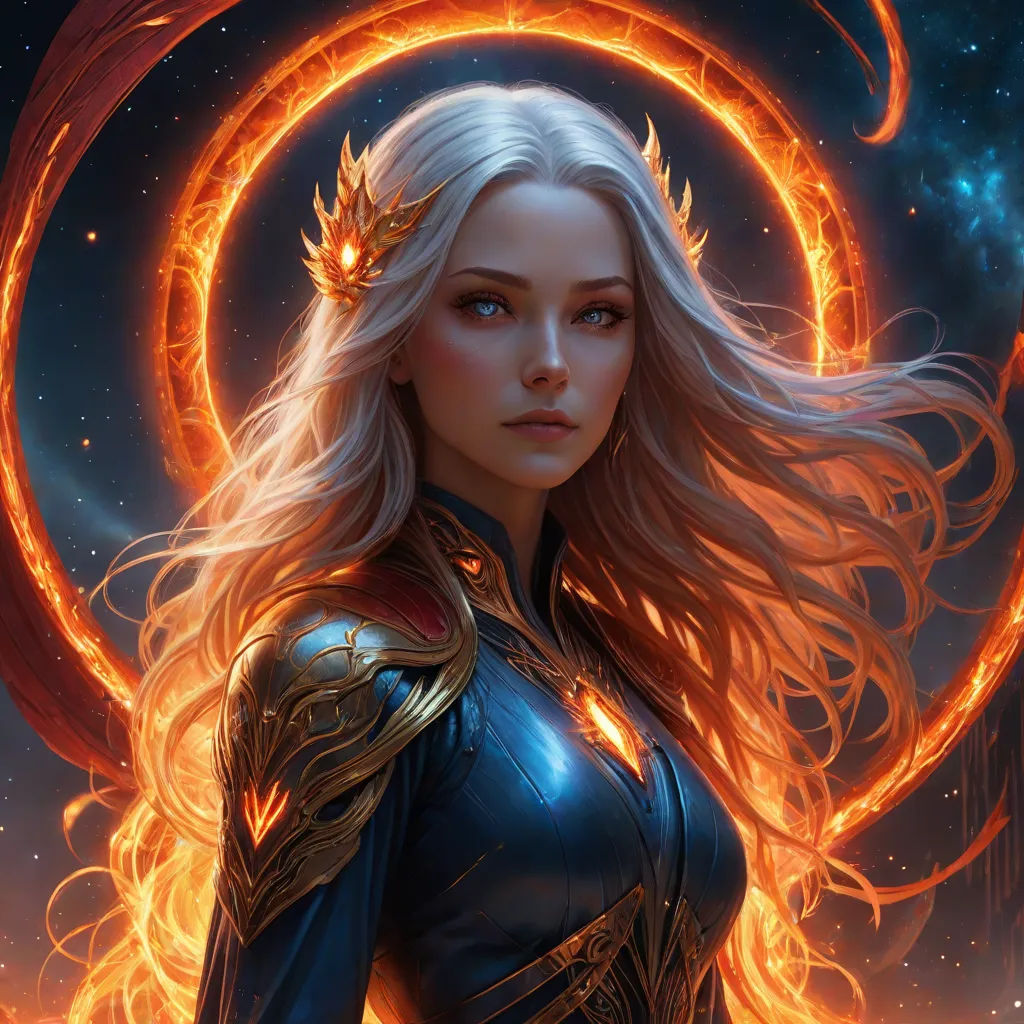a woman in a blue outfit with a fire ring around her neck and shoulders, standing in front of a blue background, Charlie Bowater, fantasy art, a detailed painting, epic fantasy character art